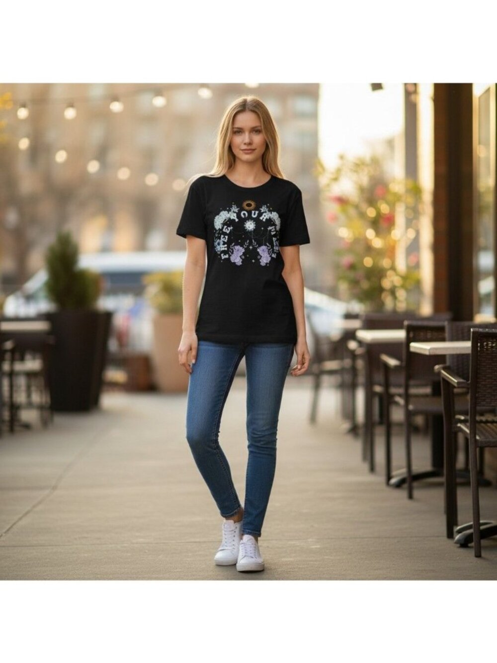 Free Your Mind Graphic Tee Black Cotton Blend Short Sleeve Womens Casual Style F